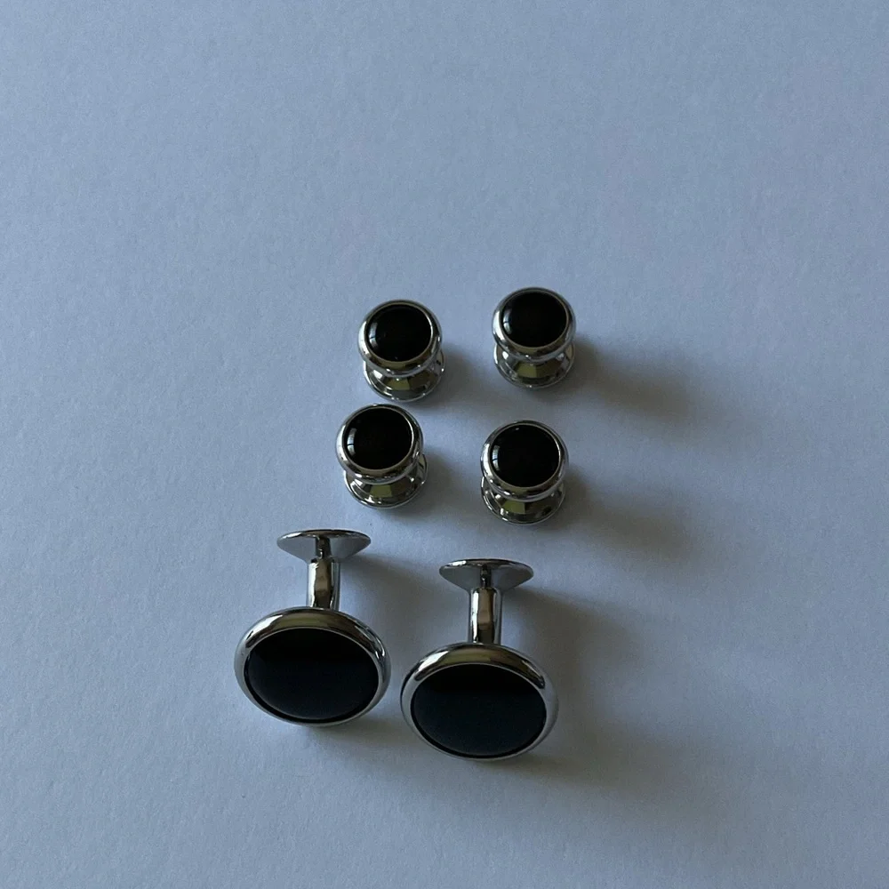 DAVID DONAHUE WHITE BRASS AND BLACK ONYX CUFF LINKS AND SHIRT STUD SET NEW